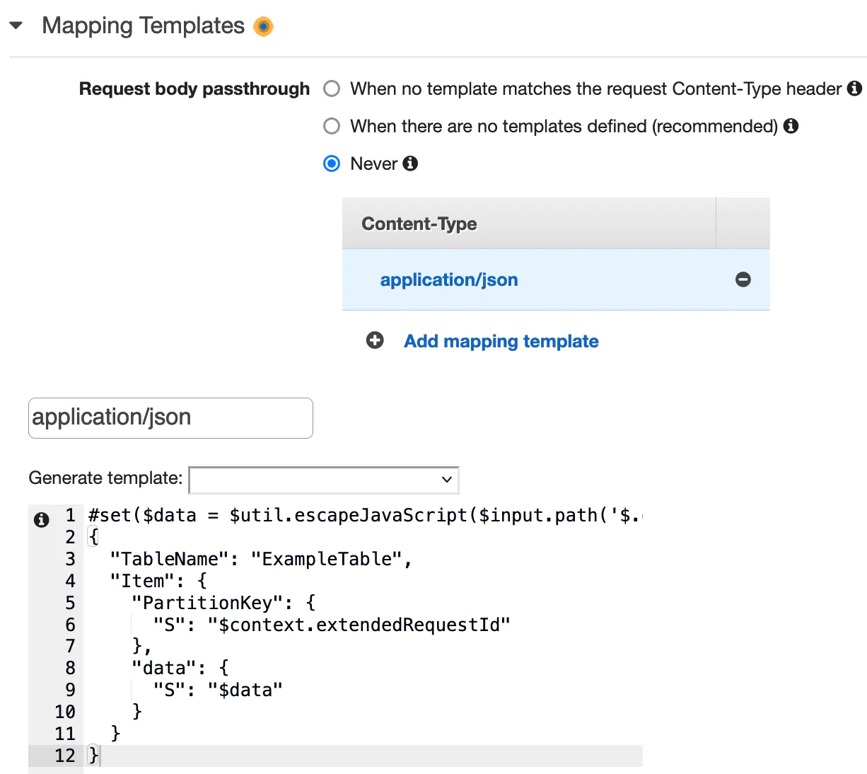 Create a request mapping template in the API Gateway console